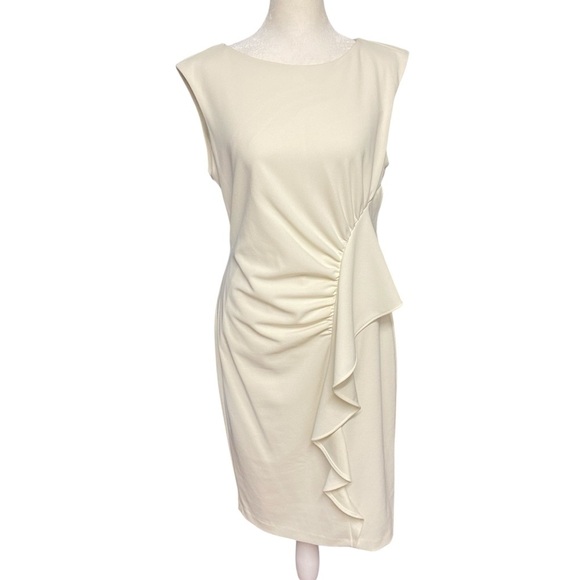 CALVIN KLEIN Ruffle-trim Sheath Dress Size 8 Cream Scuba Crepe Church Shower - Picture 4 of 12